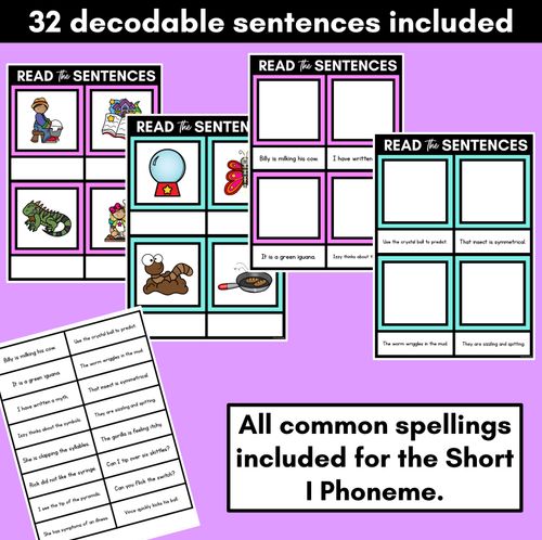 Resource preview 2 for Short I Phoneme Decodable Sentence Mats - Read & Match