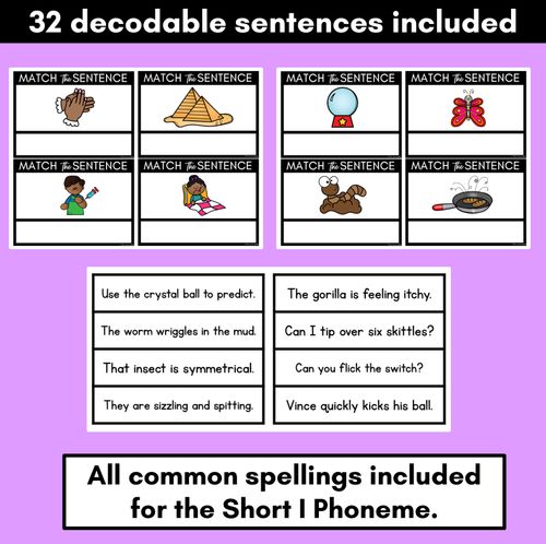 Resource preview 3 for Short I Phoneme Decodable Sentences - Read & Match