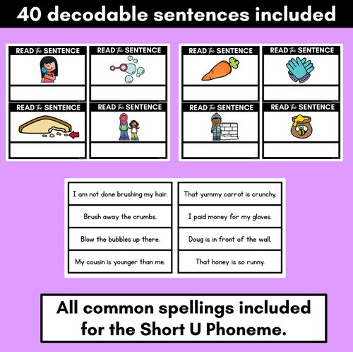 Resource preview 3 for Short U Phoneme Decodable Sentences - Read & Match