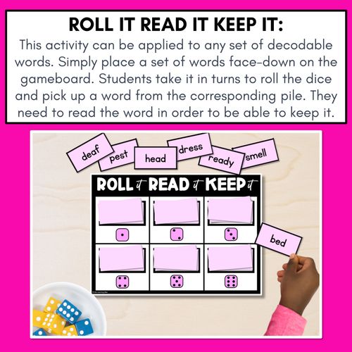 Resource preview 2 for SHORT VOWEL PHONEME E PHONICS GAME - Roll It, Read It or Spell It, Keep It