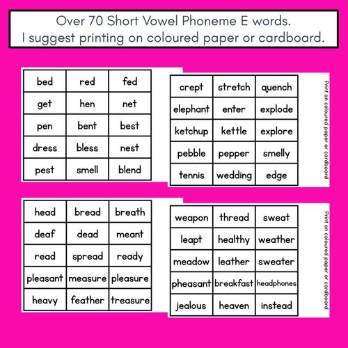 Resource preview 4 for SHORT VOWEL PHONEME E PHONICS GAME - Roll It, Read It or Spell It, Keep It