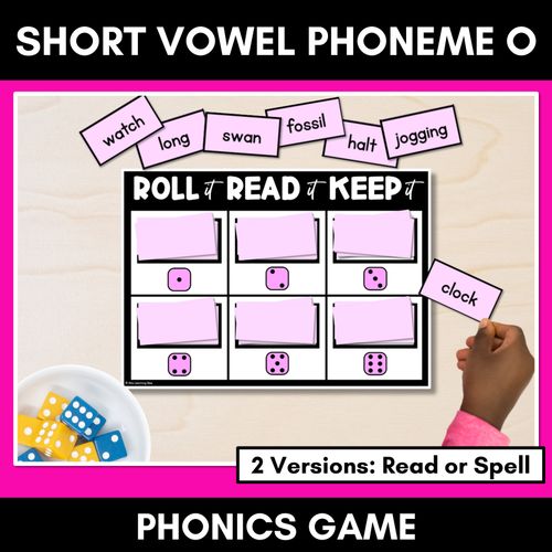 Resource preview 1 for SHORT VOWEL PHONEME O PHONICS GAME - Roll It, Read It or Spell It, Keep It