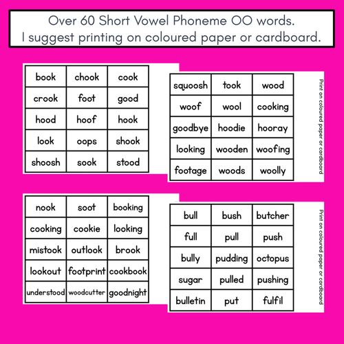 Resource preview 4 for SHORT VOWEL PHONEME OO PHONICS GAME - Roll It, Read It or Spell It, Keep It