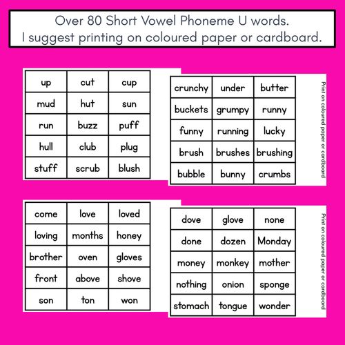 Resource preview 4 for SHORT VOWEL PHONEME U PHONICS GAME - Roll It, Read It or Spell It, Keep It