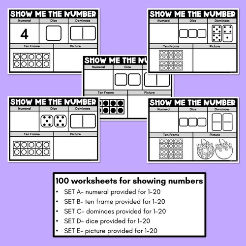 Resource preview 2 for SHOW ME THE NUMBER WORKSHEETS for 1-20: Numerals, Dice, Dominoes, Ten Frames & Pictures