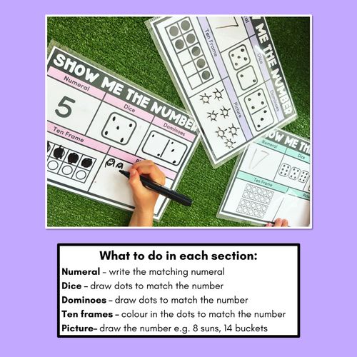 Resource preview 3 for SHOW ME THE NUMBER WORKSHEETS for 1-20: Numerals, Dice, Dominoes, Ten Frames & Pictures