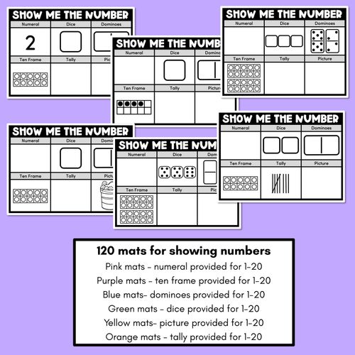 Resource preview 2 for SHOW ME THE NUMBER WORKSHEETS for 1-20: Numerals, Dice, Dominoes, Ten Frames, Tallies & Pictures