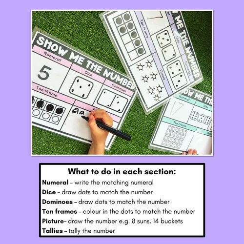 Resource preview 3 for SHOW ME THE NUMBER WORKSHEETS for 1-20: Numerals, Dice, Dominoes, Ten Frames, Tallies & Pictures