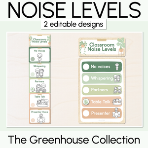 Editable Classroom Noise Levels Poster - The Greenhouse Collection - Natural Classroom Decor