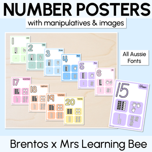 NUMBER POSTERS 1-30 with ten frames, base ten blocks, tallies & fingers - The Brentos Collection