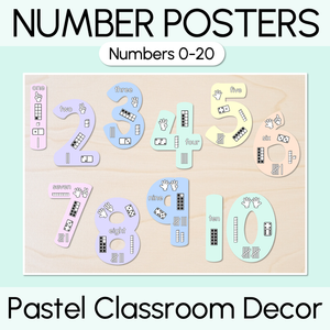 Numbers 0-20 Display with ten frames, base ten blocks, tallies & fingers - Pastel Classroom Decor