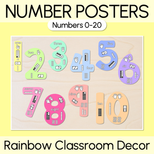 Numbers 0-20 Display with ten frames, base ten blocks, tallies & fingers - Rainbow Classroom Decor