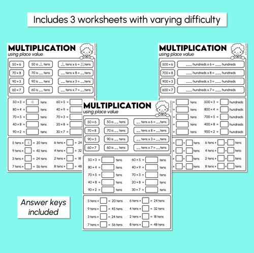 Resource preview 3 for Multiplying by Multiples of 10 Using Place Value Worksheets