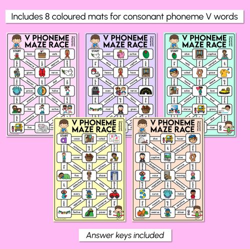 Resource preview 3 for Consonant Phoneme V Words Maze Race - Consonant V Words Mats