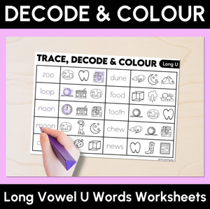 Trace, Decode & Colour - Long Vowel U Words Worksheets