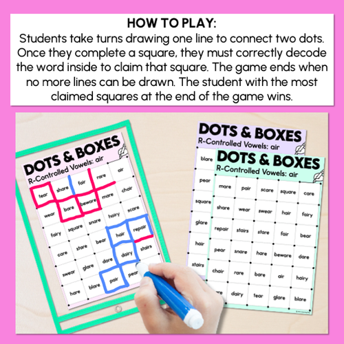 Resource preview 4 for Dots and Boxes Phonics Game - R-Controlled Vowel AIR Words