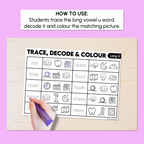 Resource preview 2 for Trace, Decode & Colour - Long Vowel U Words Worksheets