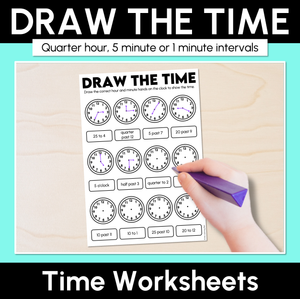 Draw the Time Worksheets - Quarter hour, 5 minute or 1 minute intervals