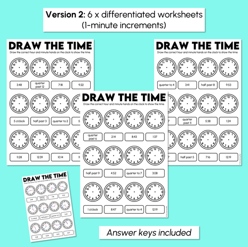 Resource preview 3 for Draw the Time Worksheets - Quarter hour, 5 minute or 1 minute intervals