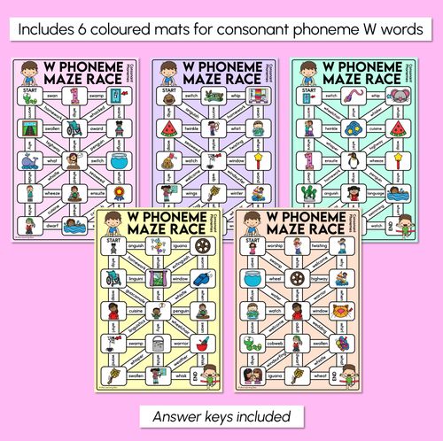 Resource preview 3 for Consonant Phoneme W Words Maze Race - Consonant W Words Mats