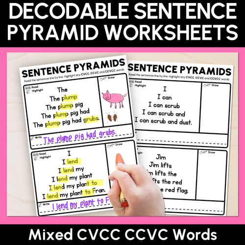 Resource preview 1 for Decodable Sentence Pyramid Worksheets - Mixed CVCC CCVC Words