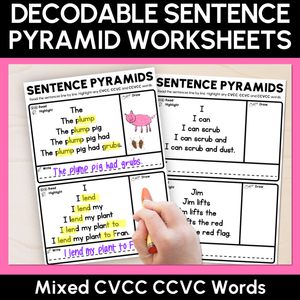 Decodable Sentence Pyramid Worksheets - Mixed CVCC CCVC Words