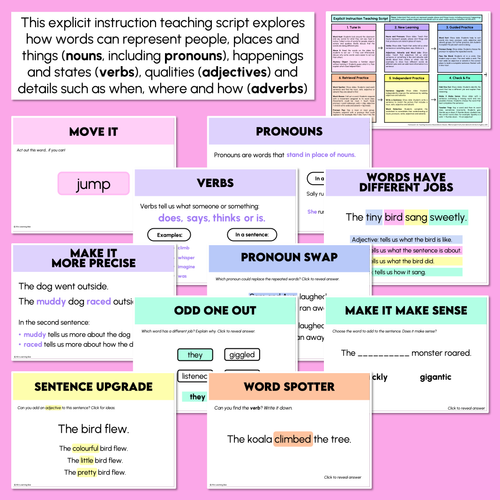 Resource preview 3 for Nouns, Pronouns, Verbs, Adjectives & Adverbs - Explicit Instruction Teaching Script - Year 1 & 2 Parts of Speech