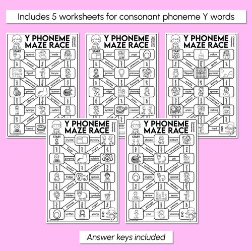 Resource preview 3 for Consonant Phoneme Y Words Maze Race - Consonant Y Words Worksheets