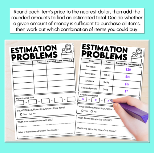 Resource preview 2 for Solving Estimation Money Problems Worksheets
