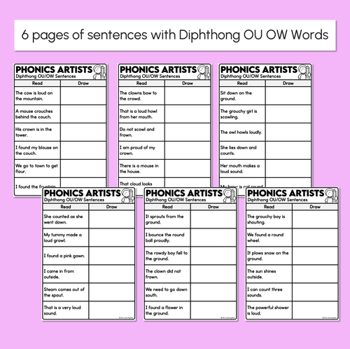 Resource preview 3 for Phonics Artists - Diphthongs OU OW Words - Decodable Sentences Activity