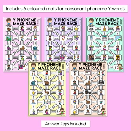 Resource preview 3 for Consonant Phoneme Y Words Maze Race - Consonant Y Words Mats
