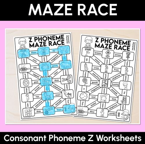 Resource preview 1 for Consonant Phoneme Z Words Maze Race - Consonant Z Words Worksheets