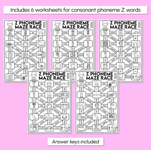 Resource preview 3 for Consonant Phoneme Z Words Maze Race - Consonant Z Words Worksheets