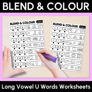 Blend & Colour - Long Vowel U Words Blending Worksheets