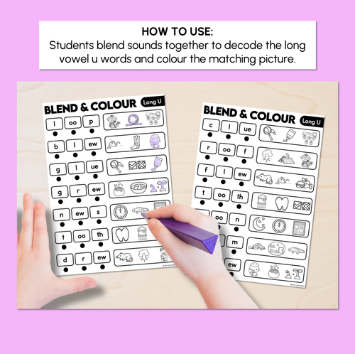 Resource preview 2 for Blend & Colour - Long Vowel U Words Blending Worksheets