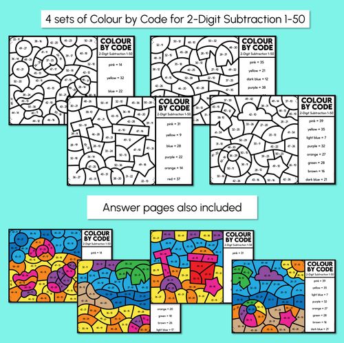 Resource preview 2 for Colour by Code - 2-Digit Subtraction 1-50 & 50-100 - Beach Theme
