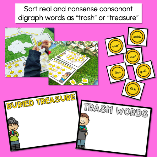 Resource preview 2 for Real and Nonsense Consonant Digraphs CH SH TH WH Words - Phonics Game - BURIED TREASURE