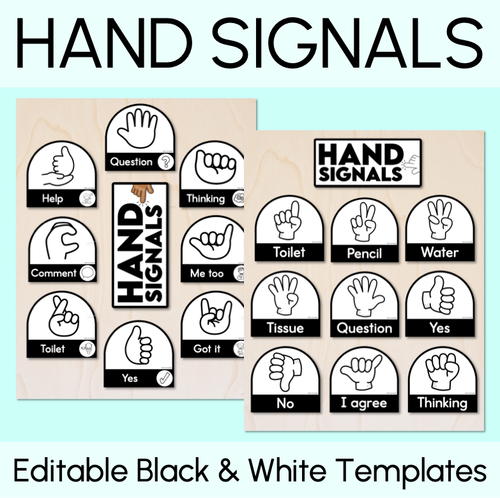 Resource preview 1 for Hand Signals - Editable Black & White Templates - Instructional Signs
