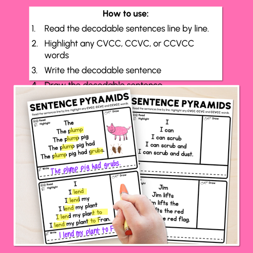 Resource preview 2 for Decodable Sentence Pyramid Worksheets - Mixed CVCC CCVC Words