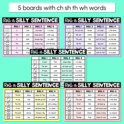 Resource preview 2 for Decodable Sentences with Consonant Digraphs ch sh th wh words - Roll a Silly Sentence Phonics