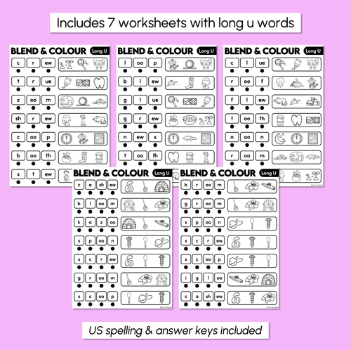 Resource preview 3 for Blend & Colour - Long Vowel U Words Blending Worksheets