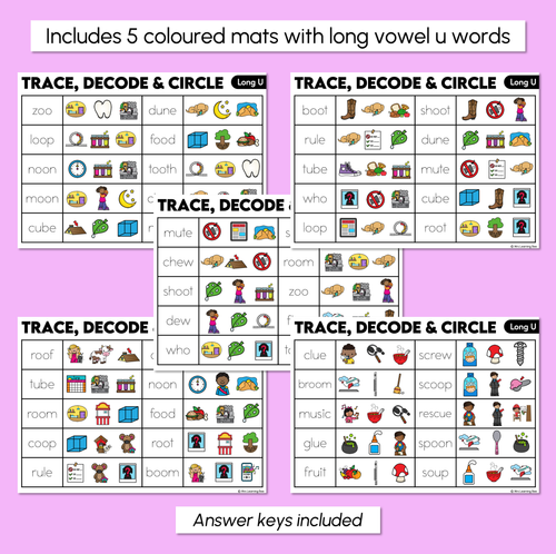 Resource preview 3 for Trace, Decode & Circle - Long Vowel U Words - Decodable Word Mats