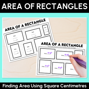 Area of a Rectangle – Finding Area Using Square Centimetres Worksheets