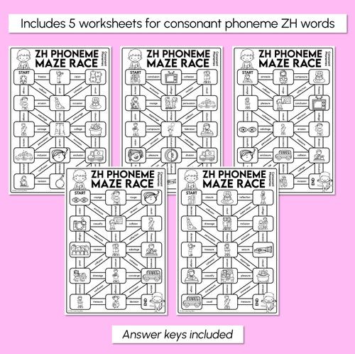 Resource preview 3 for Consonant Phoneme ZH Words Maze Race - Consonant ZH Words Worksheets