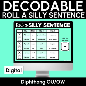 Decodable Sentences with Diphthong OU/OW Words - DIGITAL Roll a Silly Sentence