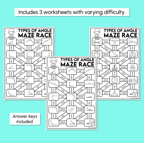 Resource preview 3 for Types of Angles Maze Race Worksheets - Acute, Right, Obtuse, Straight and Reflex