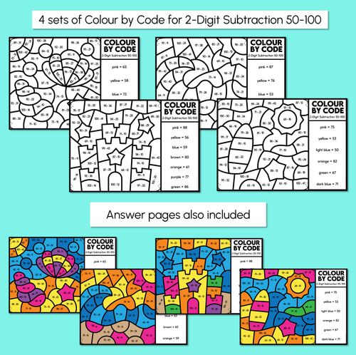 Resource preview 3 for Colour by Code - 2-Digit Subtraction 1-50 & 50-100 - Beach Theme