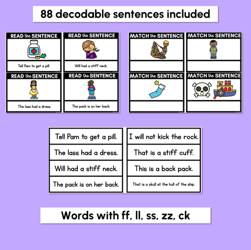 Resource preview 2 for LL SS FF ZZ CK Decodable Sentences - Read and Match