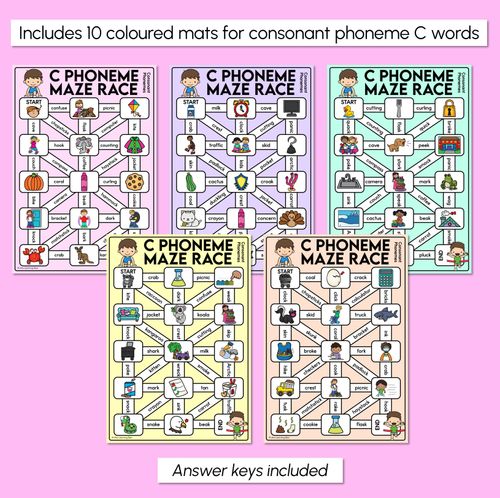 Resource preview 3 for Consonant Phoneme C Words Maze Race - Consonant C Words Mats