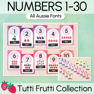 Number Posters 1-30 with fruit or ten frames - The Tutti Frutti Collection - Colourful Classroom Decor